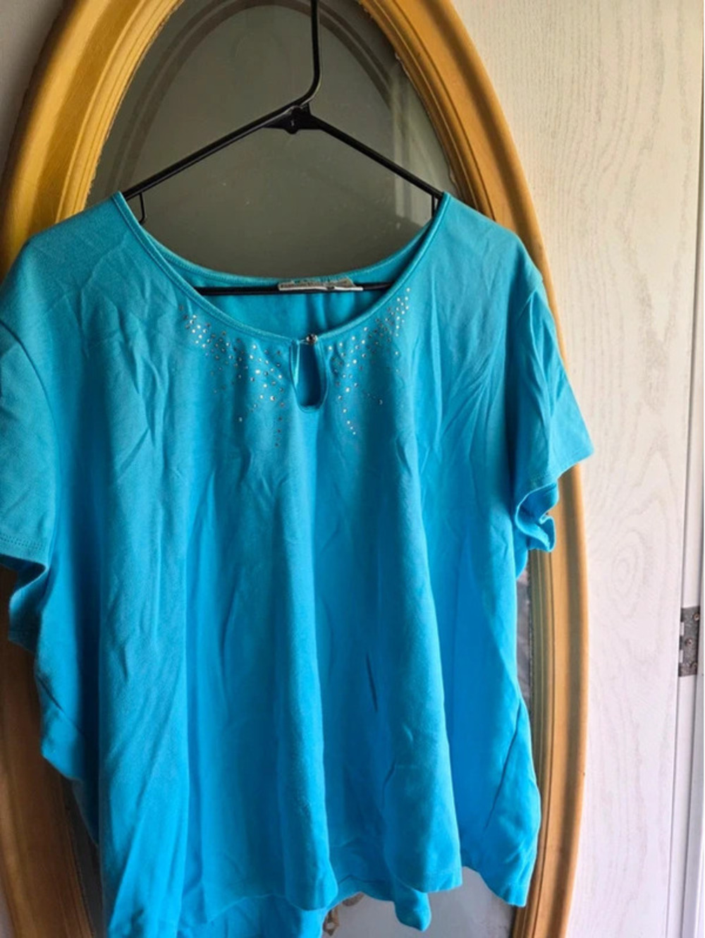 Fashion Bug Plus 30W/32W Aqua Blue Studded Rhinestone Neckline Stretch T-Shirt